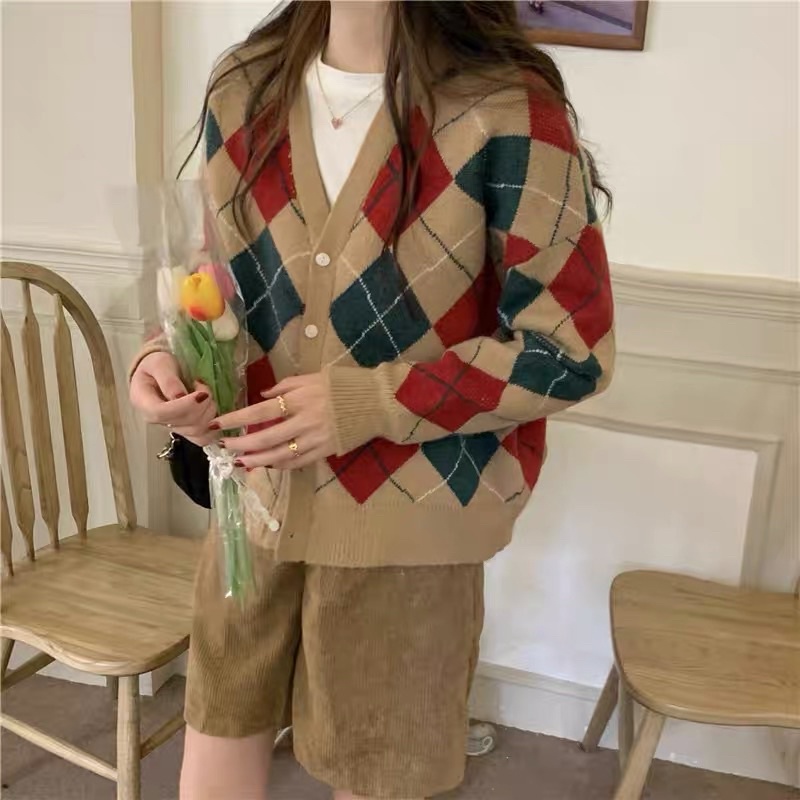 Kumi.vn SẴN áo khoác len cardigan họa tiết trám kim cương màu xanh lá/ nâu/ đen phong cách Hàn Quốc | BigBuy360 - bigbuy360.vn