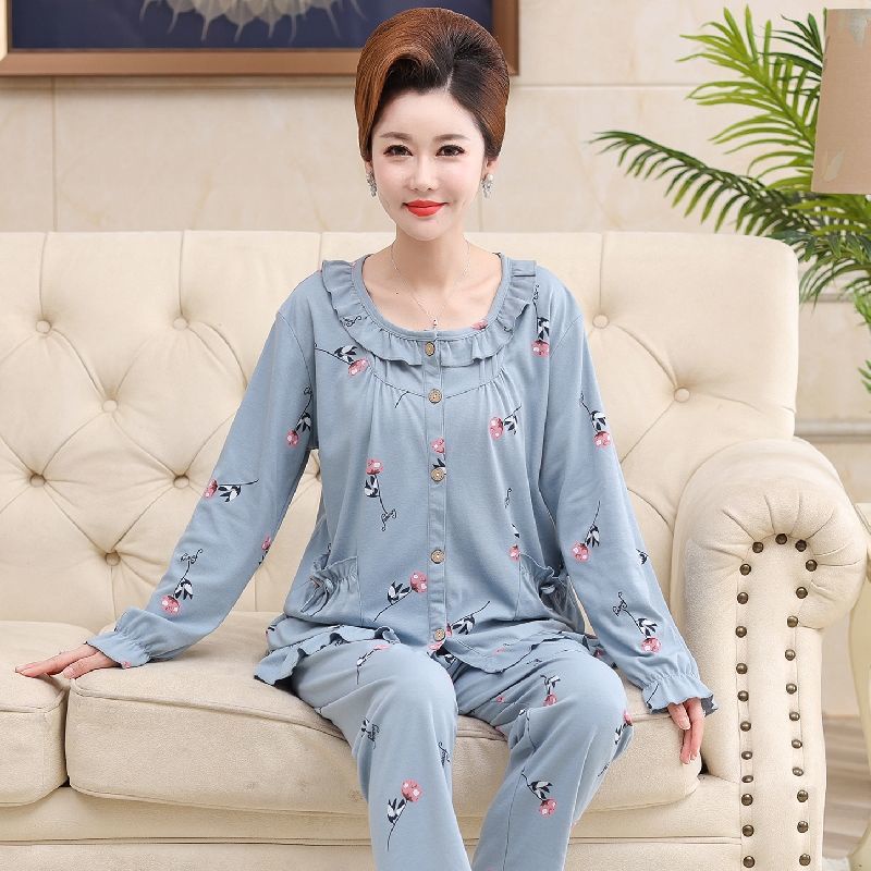 Đồ ngủ cho mẹ áo cardigan nữ mùa thu cổ tròn 100% cotton dài tay mặc nhà người trung niên và cao tuổi mẫu đông có thể ng