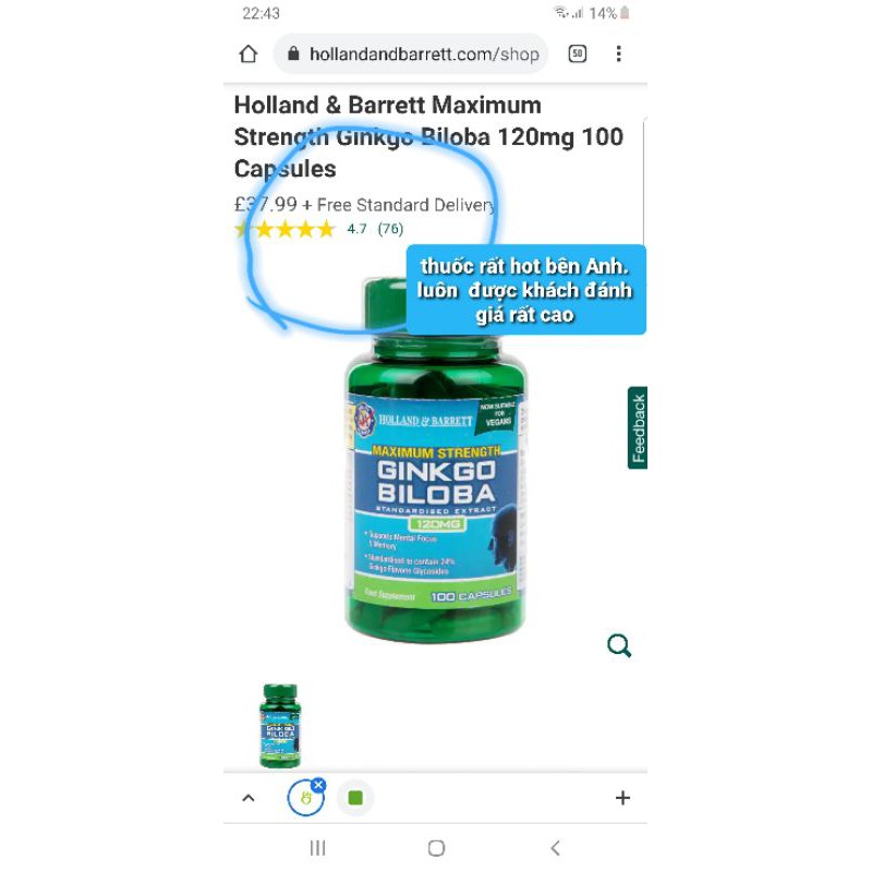 [Có Bill] [120 Viên] Bổ não Ginkgo Biloba Holland & Barrett Anh