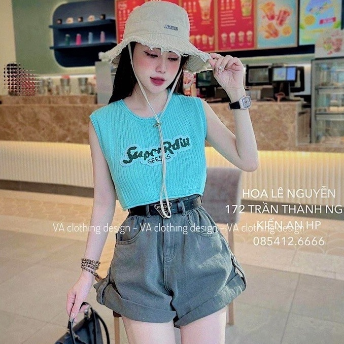 Áo len nữ Montoghi dệt kim Quảng Châu mùa hè dáng croptop thêu chữ nổi xinh xắn