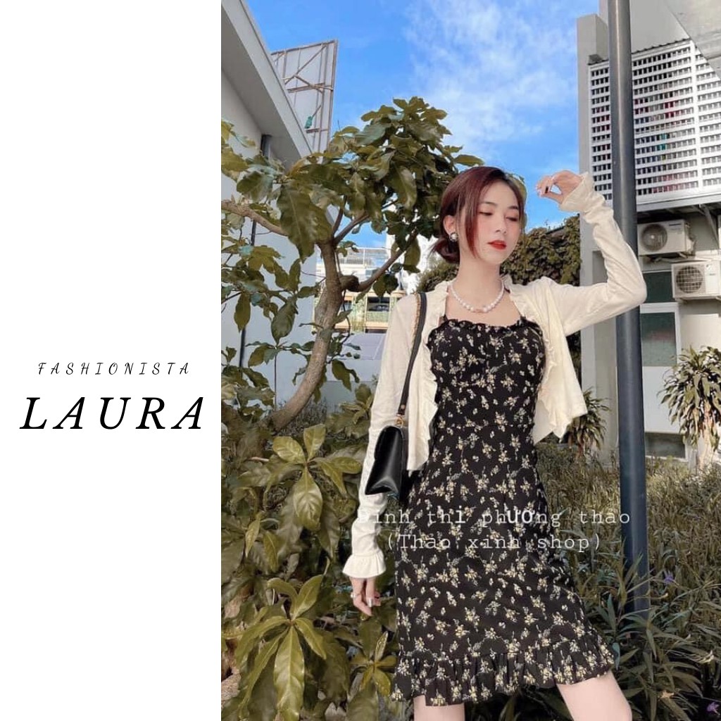 Váy hai dây hoa hồng vàng kèm áo cardigan trằng Laura Boutique - Set váy kèm áo cardiagan bánh bèo tiều the CÓ ẢNH THẬT