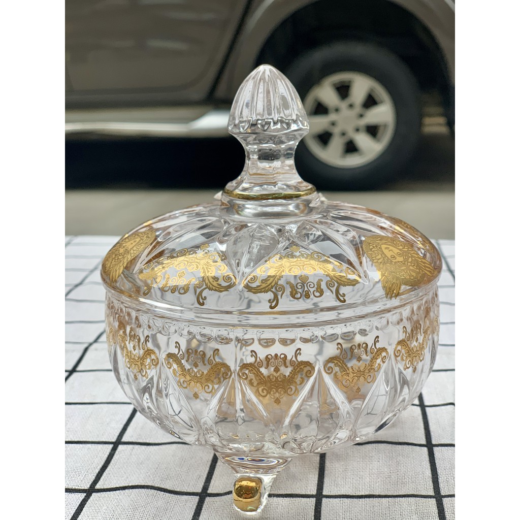 [Sỉ] Âu thố hũ pha lê có chân mạ vàng có nắp đậy đựng ô mai mứt bánh kẹo sang trọng cao cấp dày dặn đẹp M3