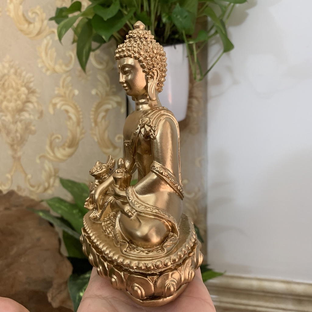 Tượng đá Phật Dược Sư Lưu Ly Quang ngồi trên đài sen trang trí phòng thờ- Chiều cao 16cm - Màu nhũ đồng