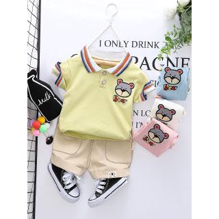 High quality kids cartoon bear cotton sweatshirt + poloT baby color casual shorts two sets of cute and handsome children