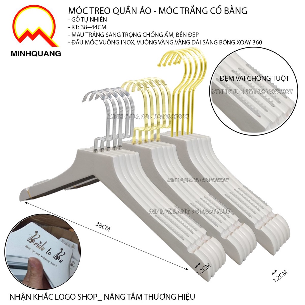 móc treo quần áo bằng gỗ,màu trắng,cổ bằng, cổ tròn,phụ kiện cho shop thời trang