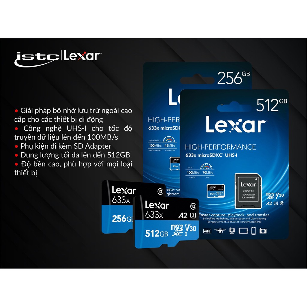 Thẻ nhớ Lexar 512Gb / 256Gb / 128Gb 633x MicroSDHC UHS-I Class 10 A1 U3 100MB/s + Adapter