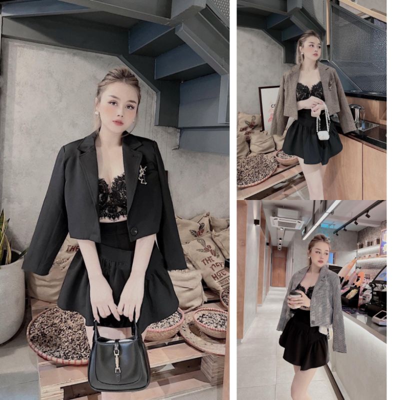 Áo Vest Dáng Ngắn Nữ Ms.1608 Áo Thiết Kế Dáng Crotop Cổ Vest Chất Dạ Bên Trong Có Lót