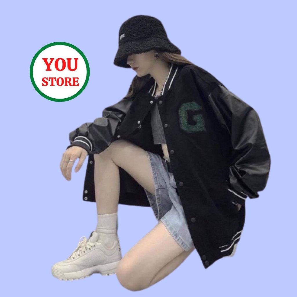 Áo Khoác Bomber Nam Nữ Unisex Chữ G Xanh Chất Liệu Nỉ Cotton Phối Da Tay Mã 258 You Store