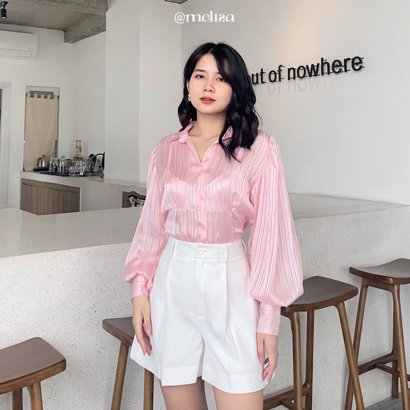 Áo sơ mi nữ MELISA Melyn Top tay bồng tơ kim tuyến công sở màu Hồng