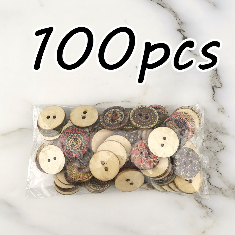 Set 100 Nút Gỗ Tròn 2 Lỗ In Họa Tiết Vintage Trang Trí Sổ Tay DIY