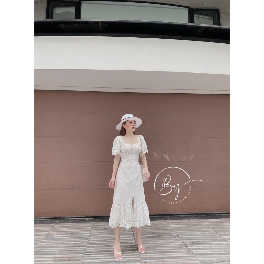 Váy thô ren thêu đuôi cá cúc bọc tay cánh tiên trắng thiết kế 2 lớp | BigBuy360 - bigbuy360.vn