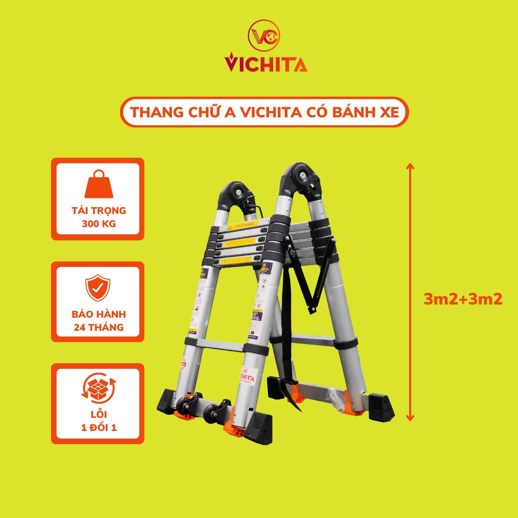 Thang Nhôm Rút Chữ A 3.2+3.2M VICHITA - Có Bánh Xe - Thanh Giằng Chống Rung Lắc - Loại Tốt BH 2 Năm