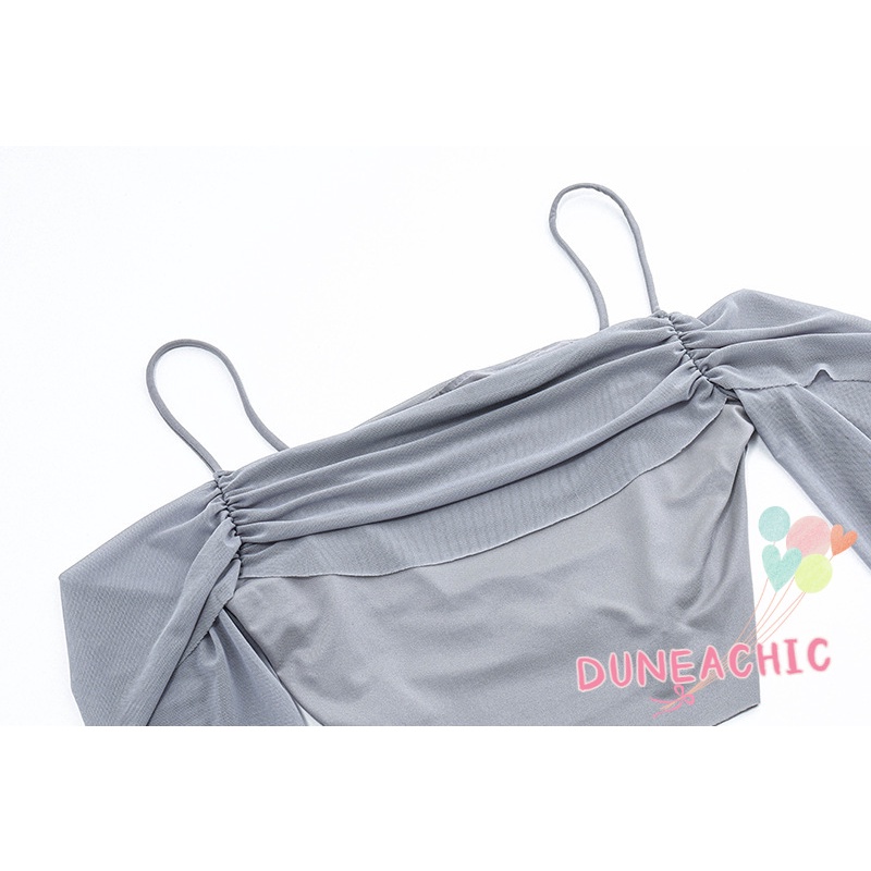 DUNEA Áo Croptop Tay Dài Trễ Vai Phối Lưới Phong Cách Quyến Rũ