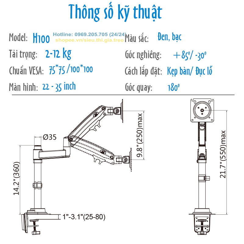 H100 Giá treo màn hình máy tính NB H100 –Tay treo màn hình đa năng -Xoay 360 độ (Màn hình 17-30 inch) [Rẻ Hơn NB F100A]