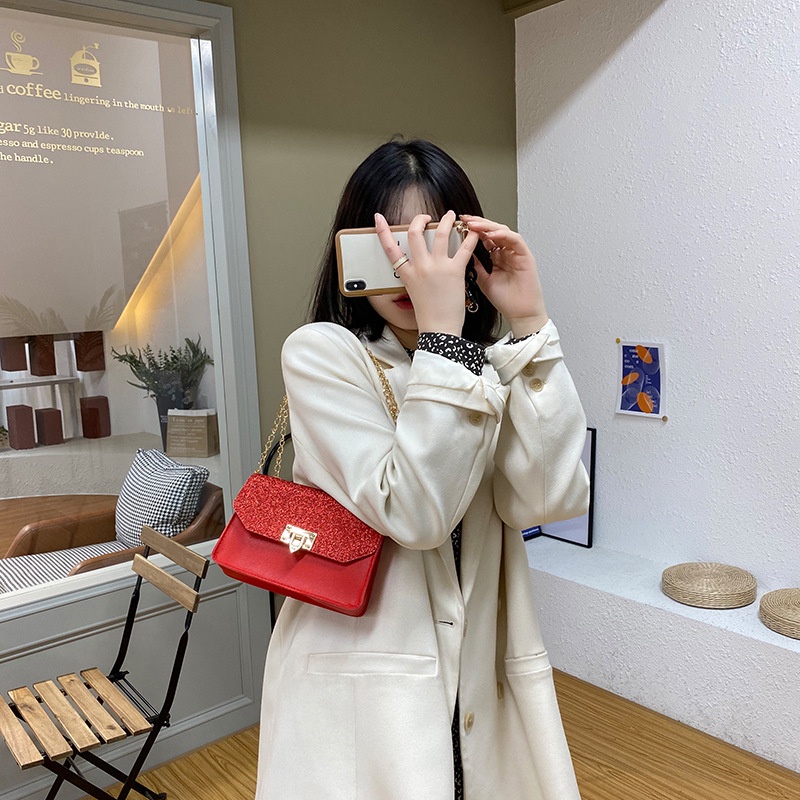 Túi Xách Mini Dáng Vuông Đính Kim Sa Phối Dây Xích Thời Trang Cho Nữ