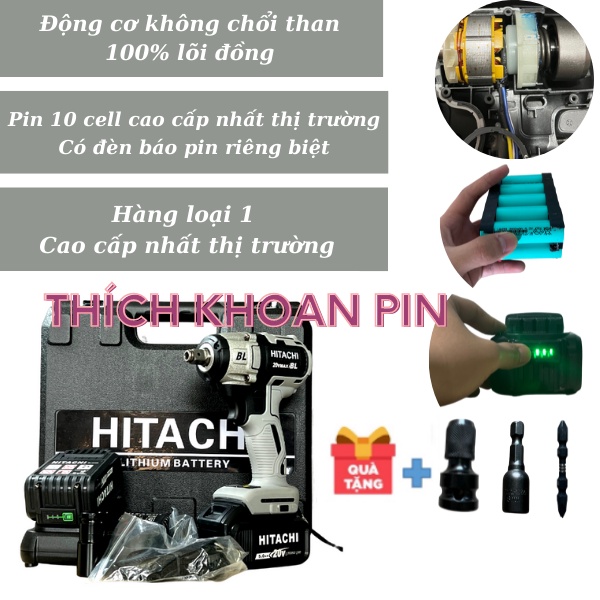 HITACHI- Máy siết bulong HIATCHI không chổi than- Bulong pin vặn ốc, bắt vít, khoan tường hàng cao cấp