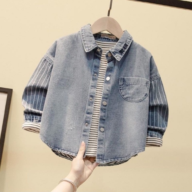 Áo Sơ Mi Jeans Denim Dài Tay Kiểu Hàn Quốc Cho Bé Trai Từ 1-2-3-4-5-6-7-8-9 Tuổi