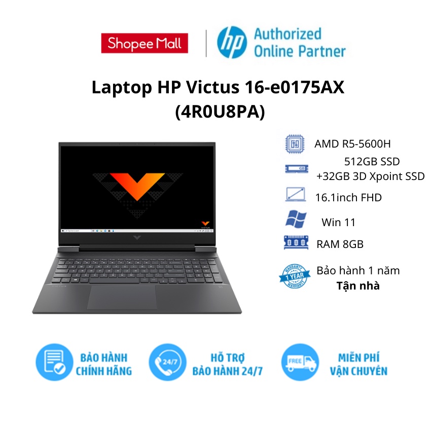 Laptop HP VICTUS 16-e0175AX (4R0U8PA)/ Đen/ AMD R5-5600H/ RAM 8GB/ 512GB SSD/16.1"