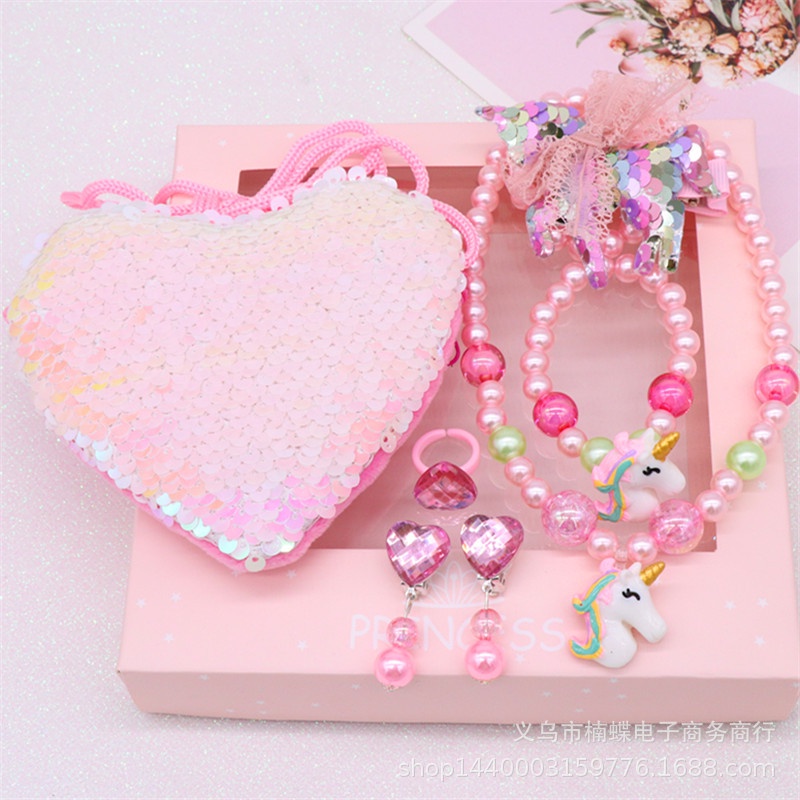 Set 6 món ví và đồ trang sức công chúa lấp lánh cho bé gái có hộp làm quà tặng cho bé 1-6 tuổi
