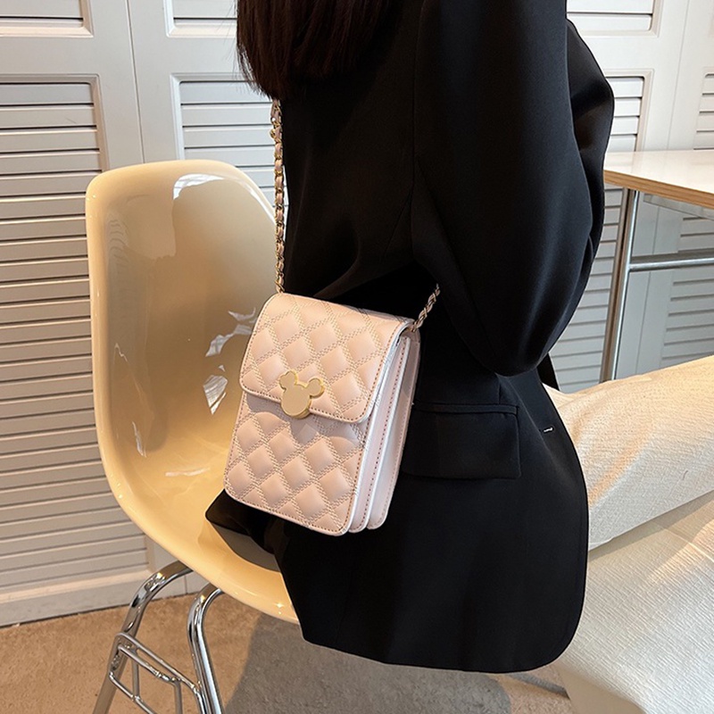 Túi IELGY đeo chéo vai hình vuông nhỏ đựng điện thoại thêu họa tiết gắn dây xích dễ phối dành cho nữ