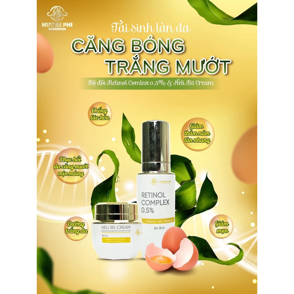 Combo tái sinh Huyền Phi bộ đôi Retinol Complex 0.5% và Kem phục hồi Heli B5 tái tạo da căng bóng trắng mướt chắc khỏe