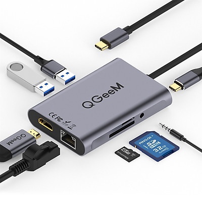Bộ thiết bị Hub QGeeM USB C chia chuyển đổi 8 trong 1 4K, Type C sang HDMI Ethernet 1G, USB 3.0, 3.5mm AUX, TF, Cổng PD