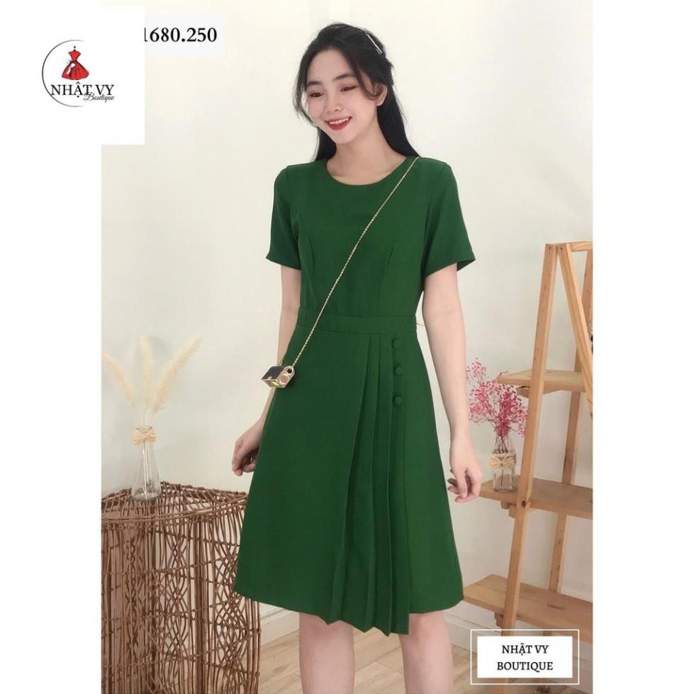 [Mã FAMALLT5 giảm 15% đơn 150k] Đầm công sở, đầm dáng ôm xếp ly tà phối nút bọc - NHATVY D1680