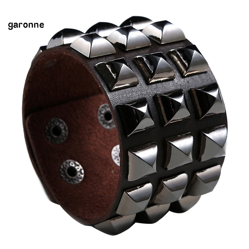 GAR Punk Men Women Club Square Rivet Studded Wide Cuff Faux Leather Bangle Bracelet