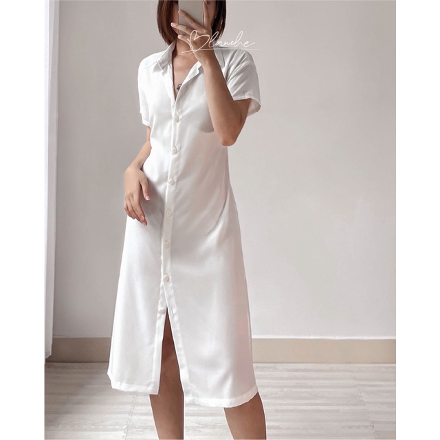 (Hàng thiết kế) Đầm sơ mi trắng GUINE SHIRT DRESS  dài thắt dây, Đầm suông trắng