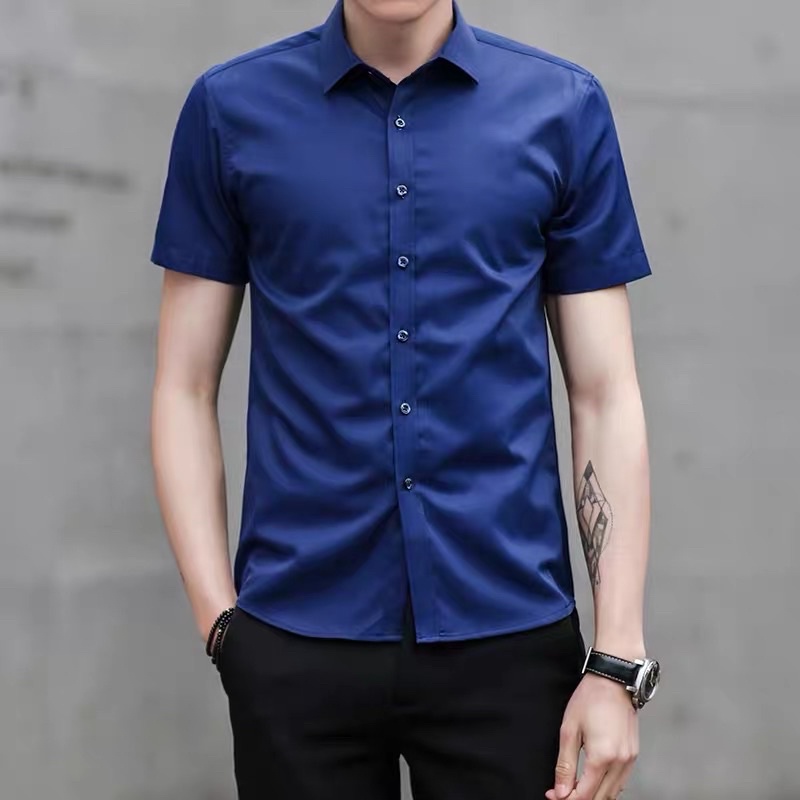 Áo Sơ Mi Nam Ngắn Tay Vải Lụa Mềm Mịn Sơ Mi Nam Cộc Tay Công Sở Dáng Ôm Trẻ Trung