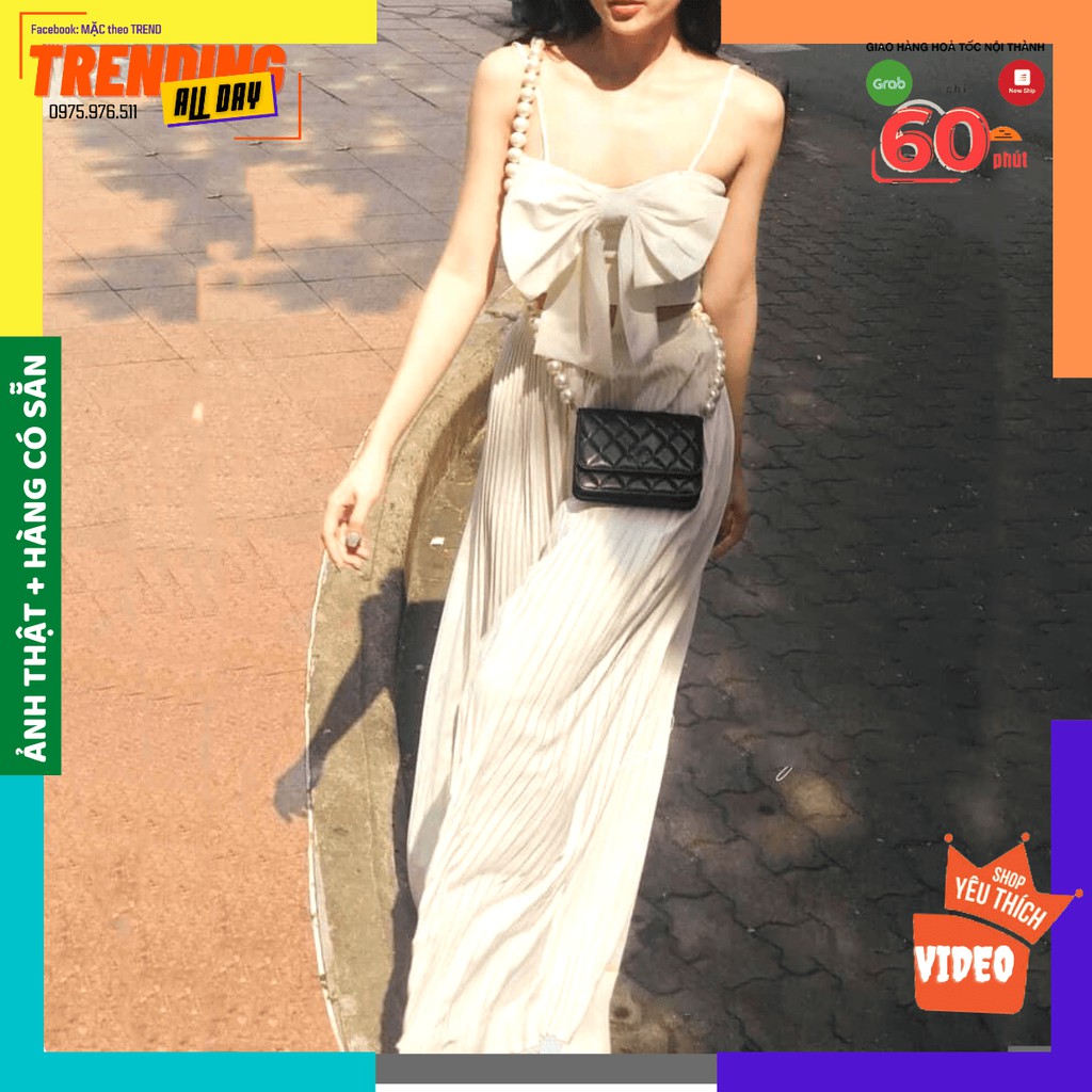 [GIẢM 10K] Set ÁO NƠ HAI DÂY QUẦN ỐNG RỘNG DẬP LY 3 màu ĐEN-TRẮNG-NÂU | BigBuy360 - bigbuy360.vn