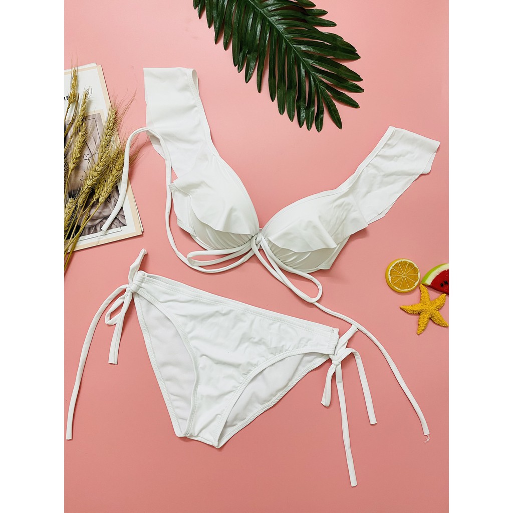 Bikini 2 mảnh - đồ bơi 2 mảnh sexy áo gọng viền bèo quần tam giác trắng đi biển sống ảo siêu đẹp (ảnh thật)