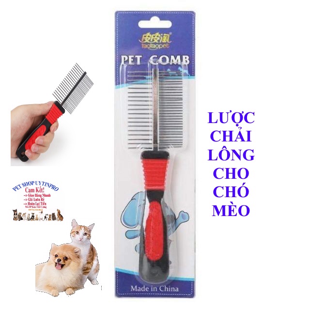 Lược chải lông cho Chó Mèo PET COMB Đầu inox 2 mặt Cán nhựa màu đỏ đen in bàn chân Dài 20cm Giúp thú cưng mượt lông