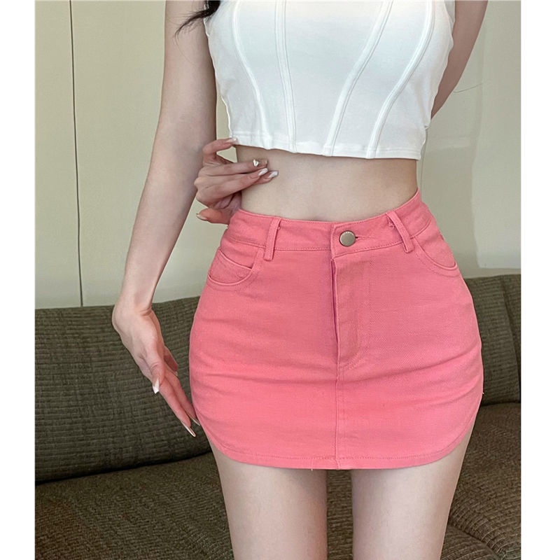 Jiashucheng Chân Váy Denim Hồng Lưng Cao Dáng Ôm Thời Trang Mùa Hè Cho Nữ