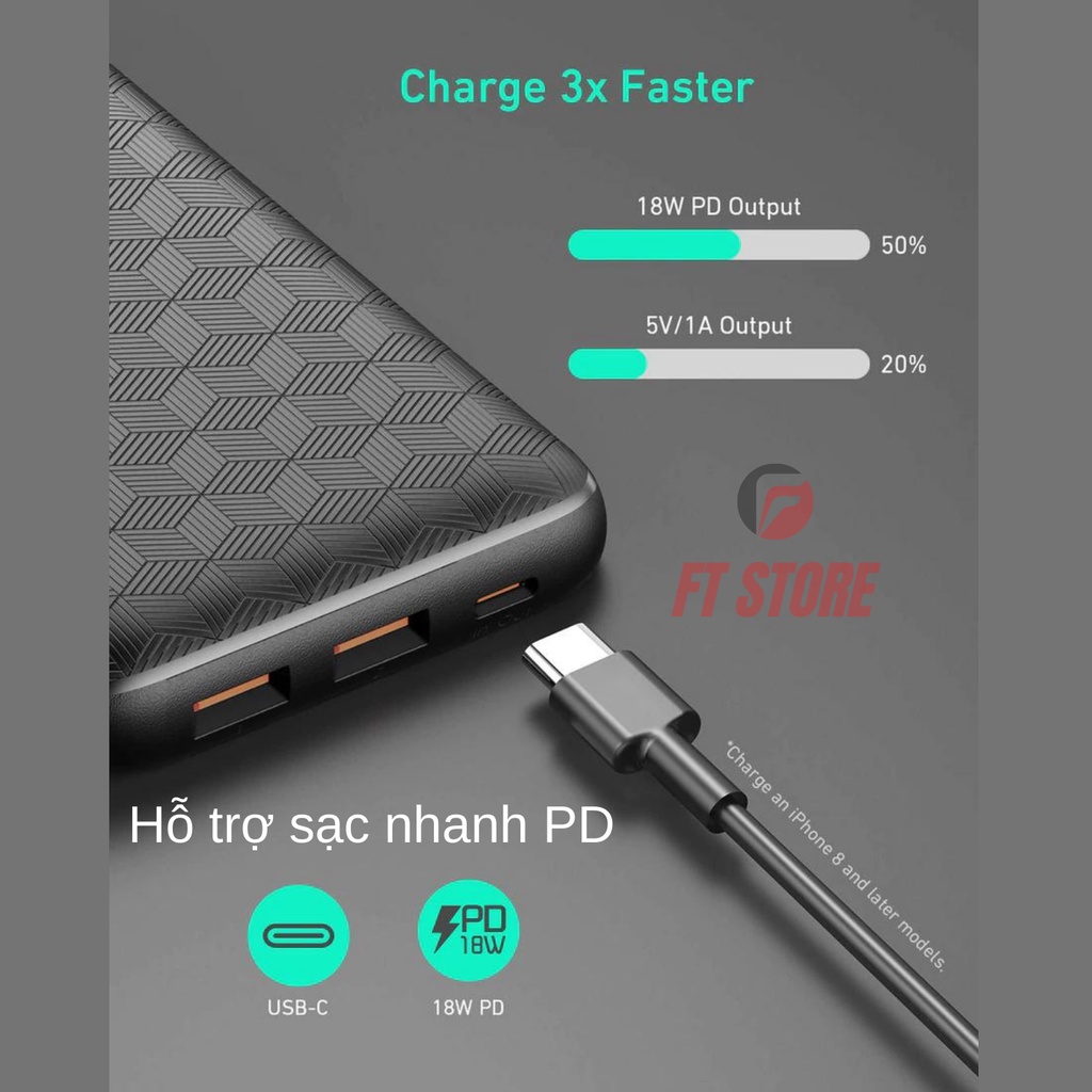 Sạc Dự Phòng Aukey PB-N93A 20000mAh Cổng USB-C Sạc Nhanh PD3.0 18W + USB-A QC 3.0 18W BH12TH