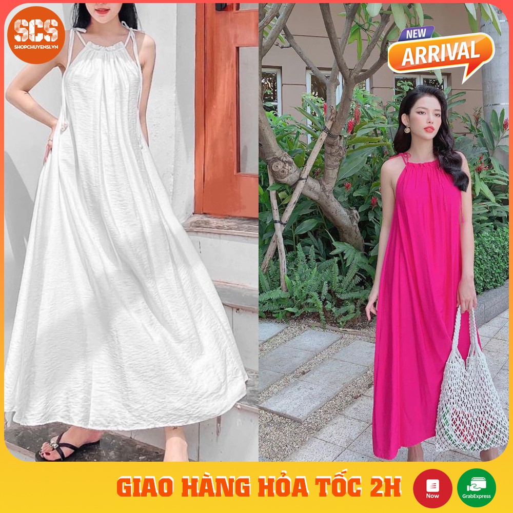Đầm maxi cổ yếm buộc nơ, chất liệu lụa xước cao cấp, gồm 3 màu (hồng, vàng, trắng) Đầm maxi đi biển | BigBuy360 - bigbuy360.vn