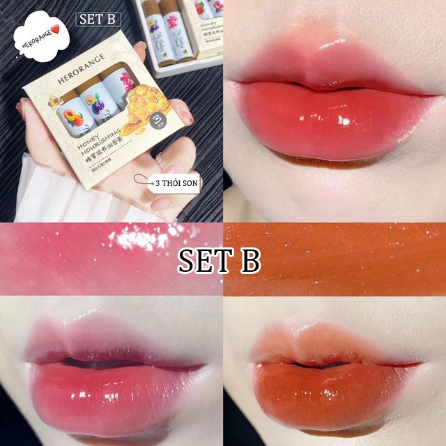 Son Dưỡng Môi HERORANGE [SET 3 SON] Chiết Xuất Trái Cây 3D Lâu Trôi - Sarah Beaute MP08