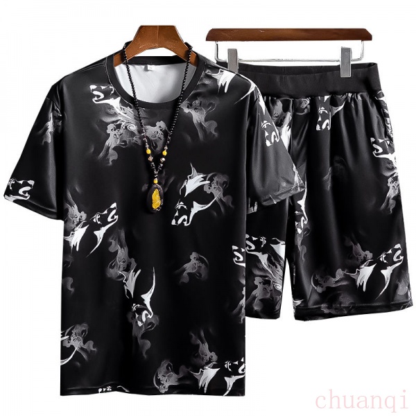 Bộ quần áo tay ngắn vải lụa lạnh mỏng in họa tiết thời trang mùa hè nhiều kích thước cho nam