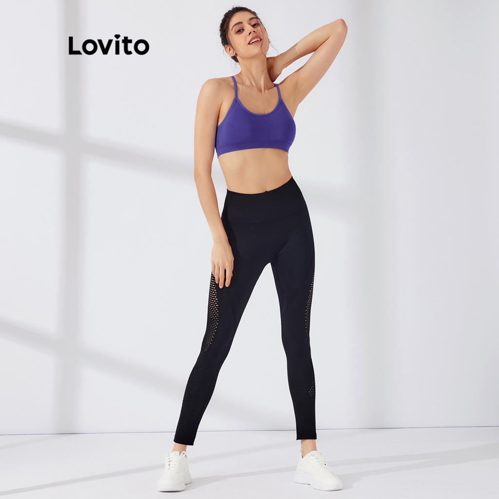 Áo ngực thể thao Lovito màu trơn dây đai chéo dạng ngắn có miếng lót tháo gỡ được L23AD005 (màu xanh lam)