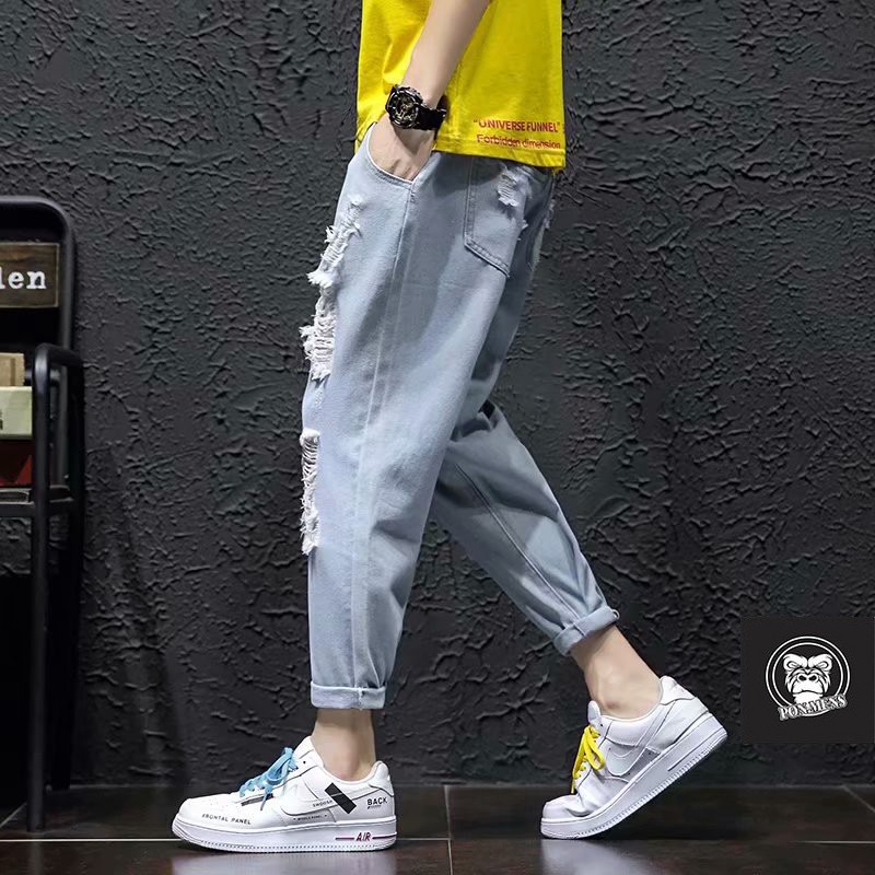 Quần jean baggy rách gối lưng chun tả tơi trông bụi unisex nam nữ 2021 Pon.mens | BigBuy360 - bigbuy360.vn