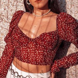 Áo Croptop Cổ Chữ V Tay Dài Hoạ Tiết Chấm Bi Nữ Tính