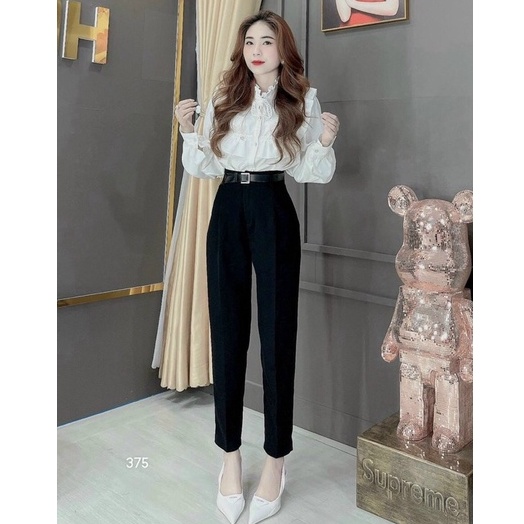 Quần tây nữ công sở lưng cao dáng dài màu đen chất vải tuyết mưa mềm - Quần baggy nữ bigsize đi học cạp cao ống đứng co