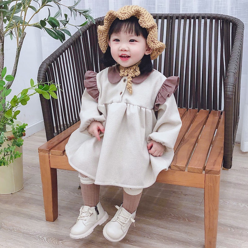 Đầm Tay Dài Cổ Búp Bê Phong Cách Hàn Quốc Thời Trang Xuân Thu 2022 Cho Bé Gái 0-4 Tuổi