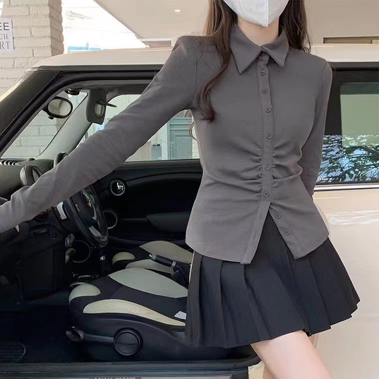 Áo Sơ Mi Tay Dài + Chân Váy Xếp Ly Thời Trang Hàn Quốc Cho Nữ