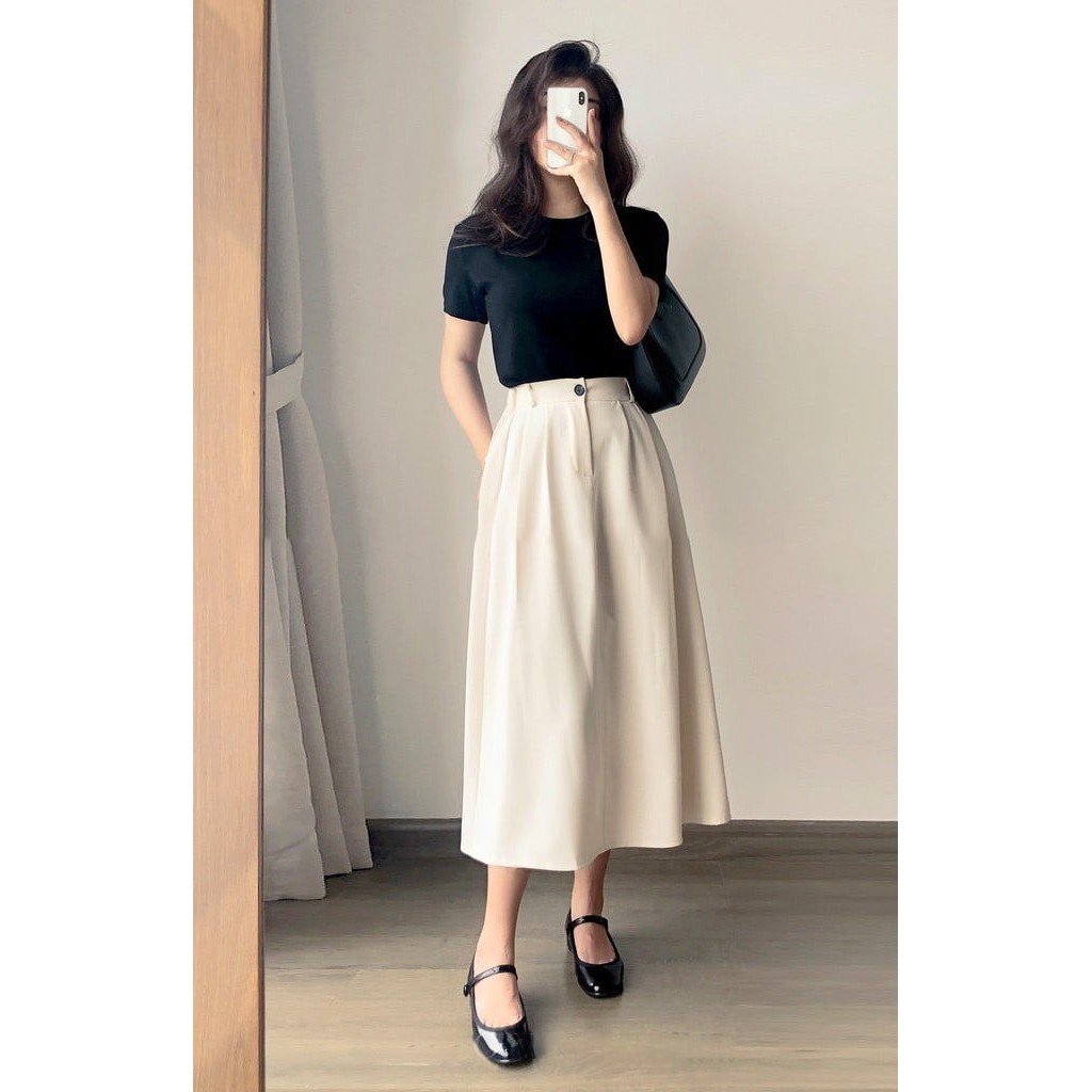 Chân váy Karmen ( Karmen skirt ) - phong cách Hàn Quốc, chân váy chữ a dài made by Tiệm Của JS - Chân Váy màu Be