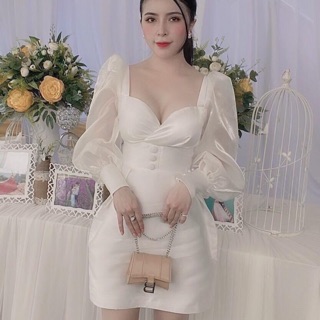 Đầm body tay phồng tay phối lưới