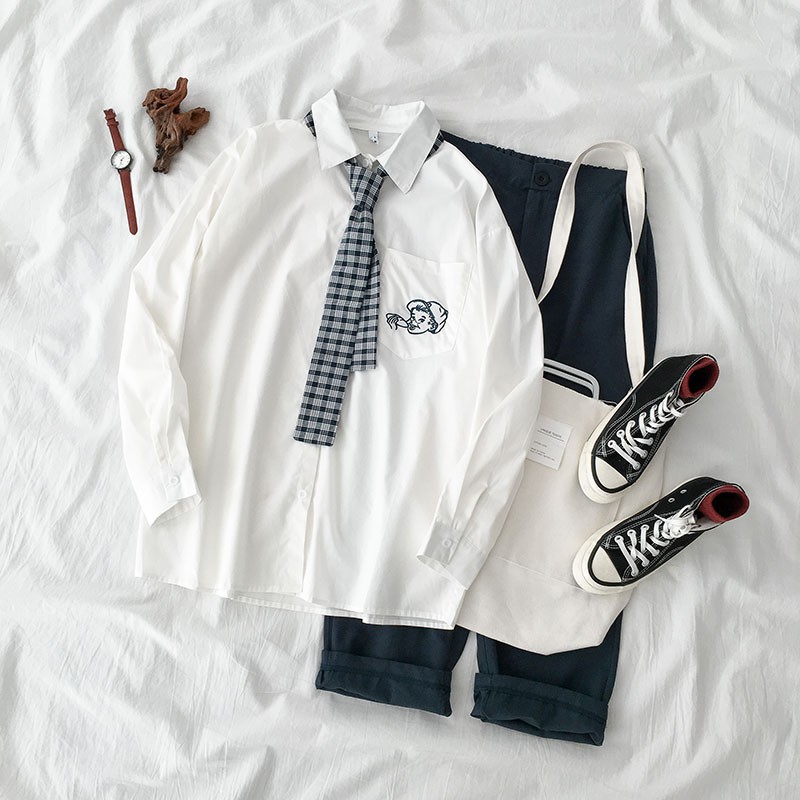 ORDER (có ảnh thật) set outfit áo sơ mi trắng thêu họa tiết kèm cà vạt và quần vải ống suông