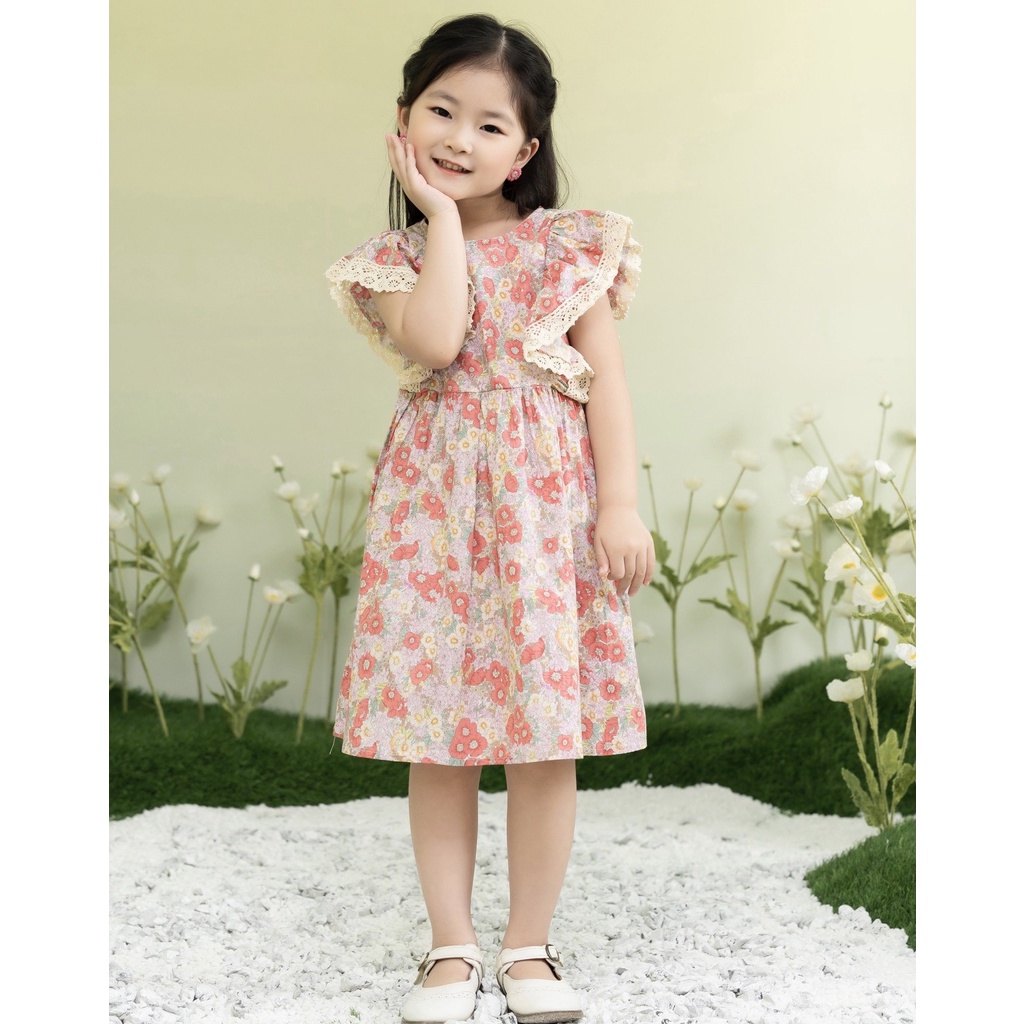 Váy đầm bé gái tay cánh tiên hoa hồng hoa vàng cho trẻ em Opkids Op Kids 1,2,3,4,5,6,7 tuổi