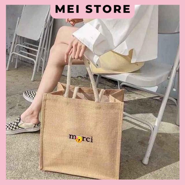 Túi Cói Merci Loại 1 Màu Sáng, Có Đệm Đáy Giữ Form Túi, Có Lót
