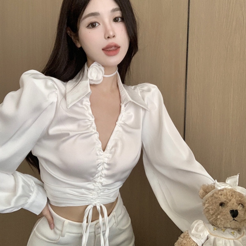 QKOOLE Áo croptop  tay dài cổ chữ V đơn giản phong cách Hàn Quốc cho nữ
